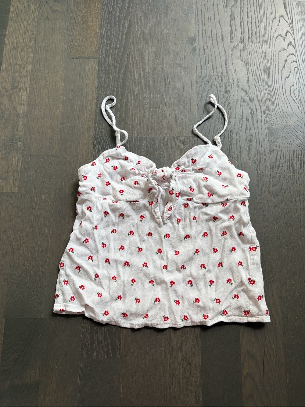 Brandy Melville John Galt white and red floral front tie tank top
